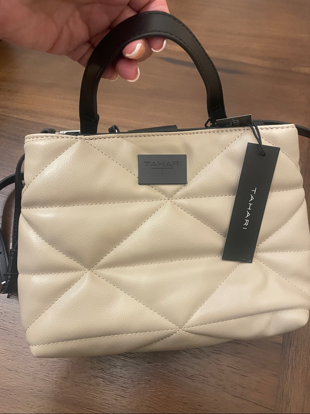 Tahari Jeri Vegan Leather Jeri Satchel Taupe/Black